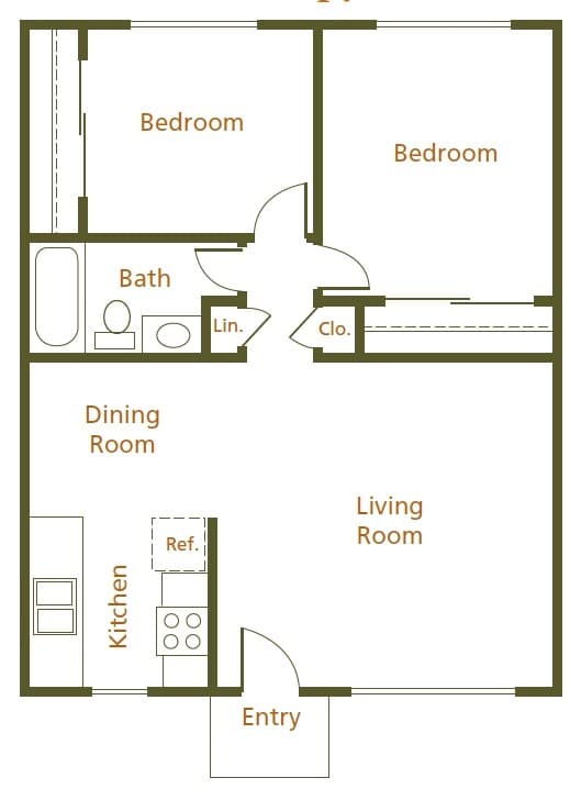 2 Beds, 1 Bath Model floor plan