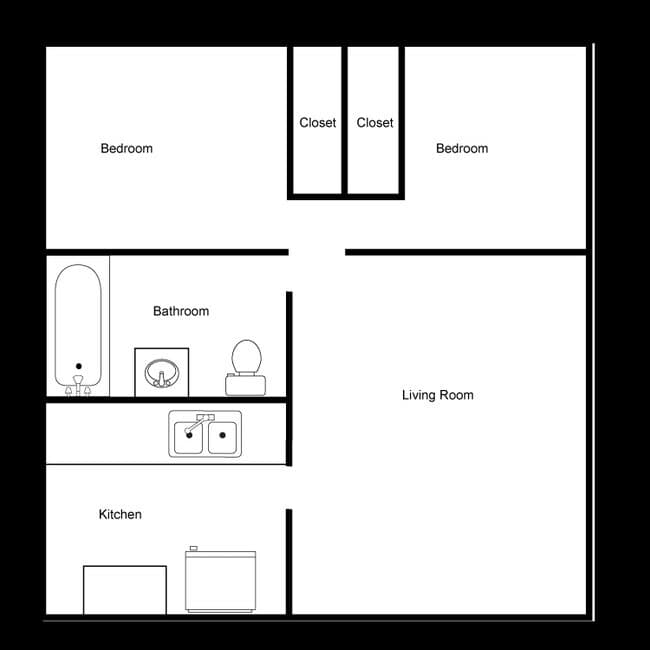 2 Bedrooms, 1 Bathroom floor plan