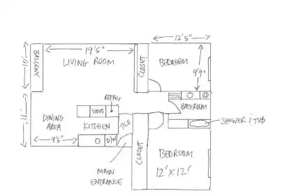 2BR/1BA floor plan