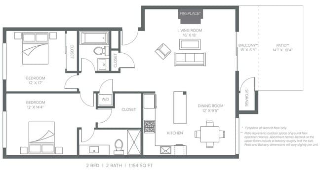 2 Beds • 1 Bath N-201 floor plan
