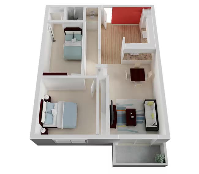 2 Bed/ 1.0 Bath 208 floor plan