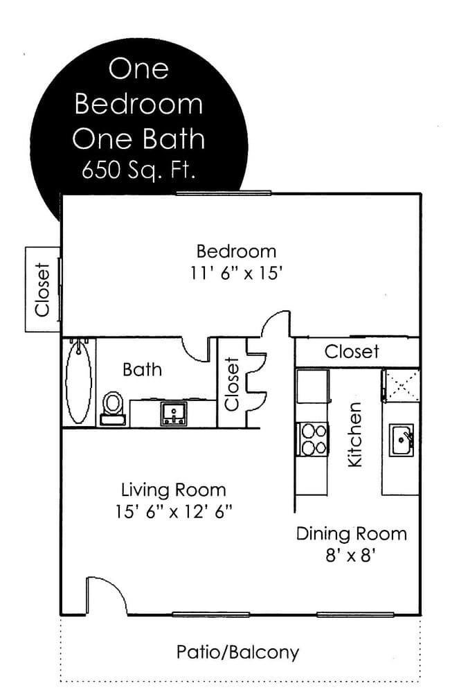1 Bedroom + 1 Bathroom floor plan