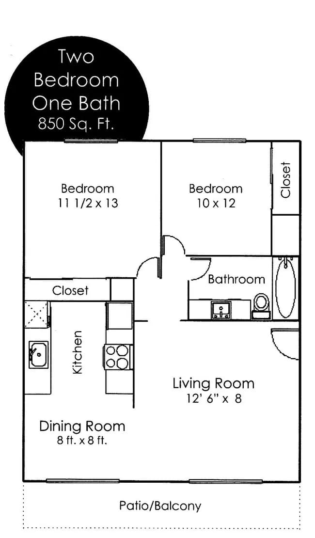 2 Bedroom + 1 Bathroom floor plan