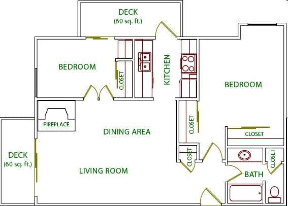 2 Beds, 1 Bath Model floor plan