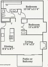 2 Beds, 1 Bath Model floor plan
