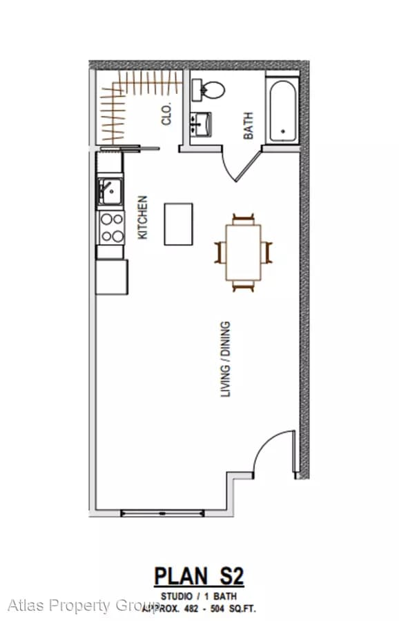 Studio, 1 Bath Model 104 floor plan