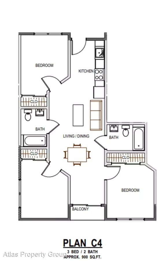 3 Beds, 2 Baths Model floor plan
