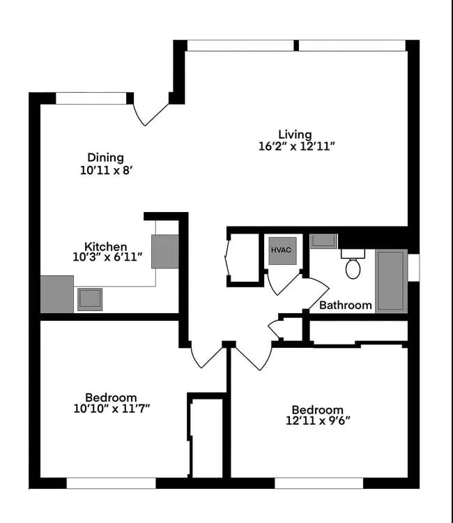 2 Beds • 1 Bath 3263-301 floor plan
