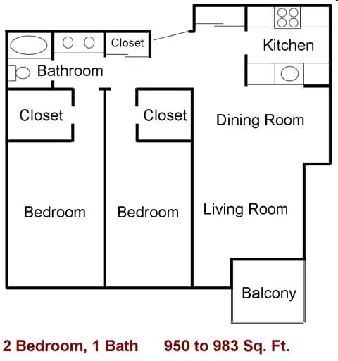 2 Bedroom/ 1 Bath floor plan