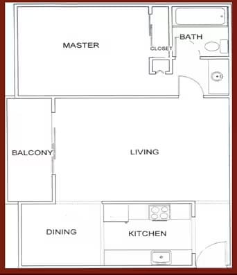 1 beds 1.0 baths (686 sqft) floor plan