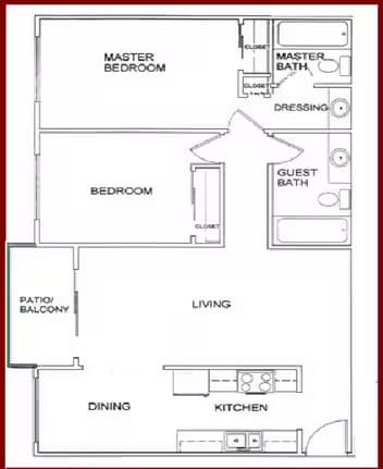 2 beds 2.0 baths (880 sqft) floor plan