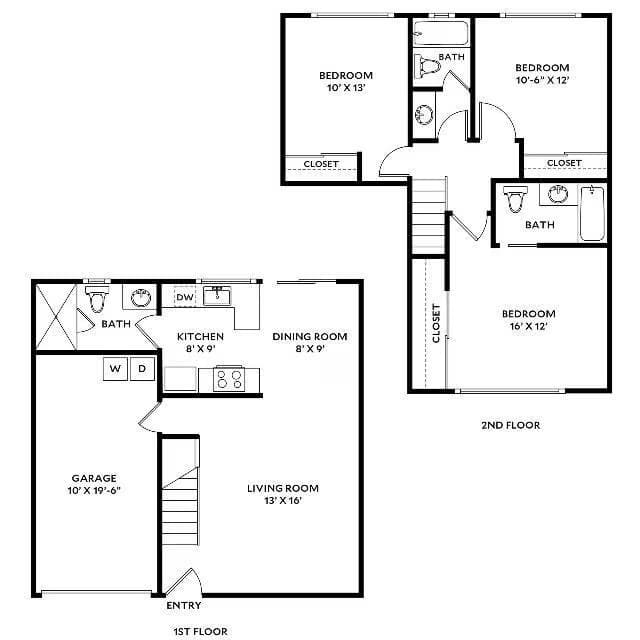 Three Bedroom Two and One Half Bath floor plan