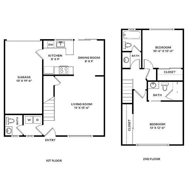 Two Bedroom Two and One Half Bath floor plan