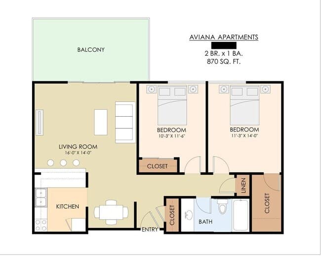 2 Bedroom 1 Bathroom 329 floor plan