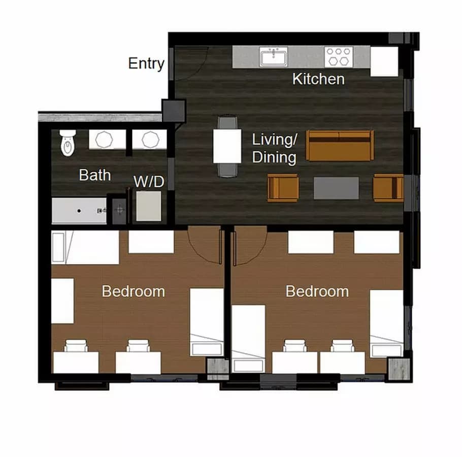2BR/1.0BA 2B 26/27 floor plan