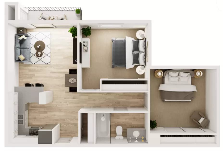 2 Beds • 1 Bath 132-05A floor plan
