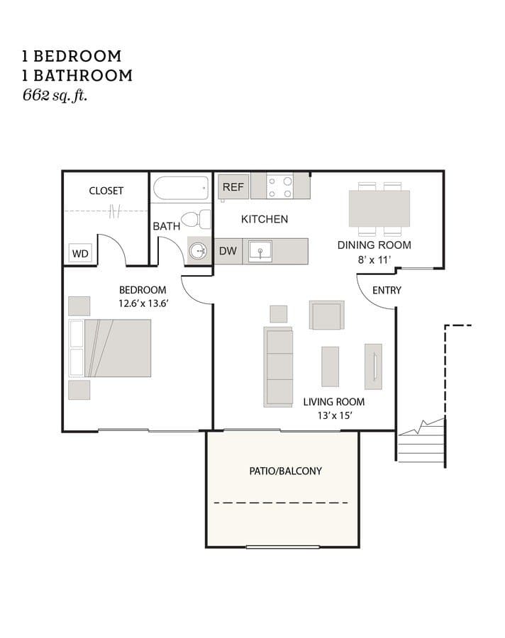 1 bd · 1 ba · 662 sqft floor plan