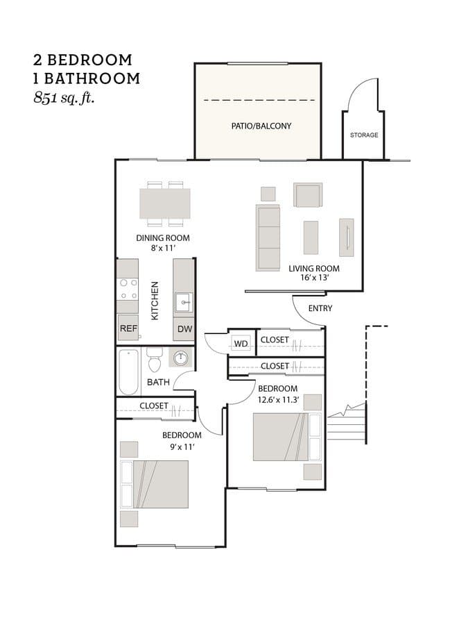 2 bd · 1 ba · 851 sqft floor plan