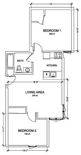 01 - 2 Bed / 1 Bath 201 floor plan