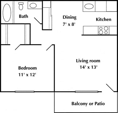 1 Bed 1 Bath 00G-209 floor plan