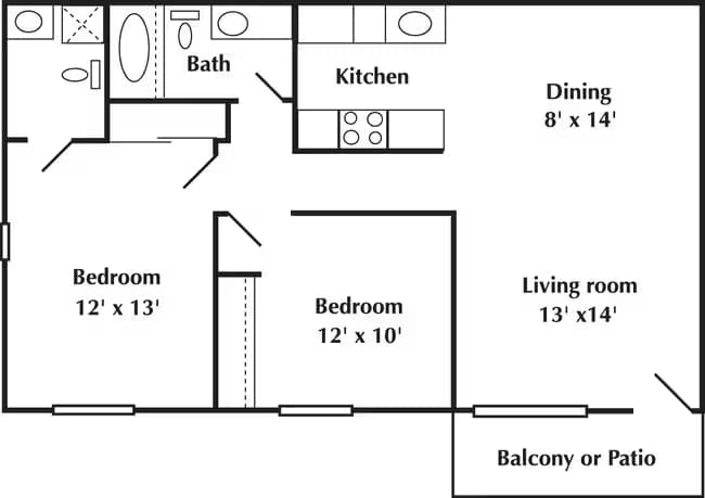 2 Beds • 2 Bath 00A-129 floor plan