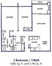 2 Beds, 1 Bath Model floor plan