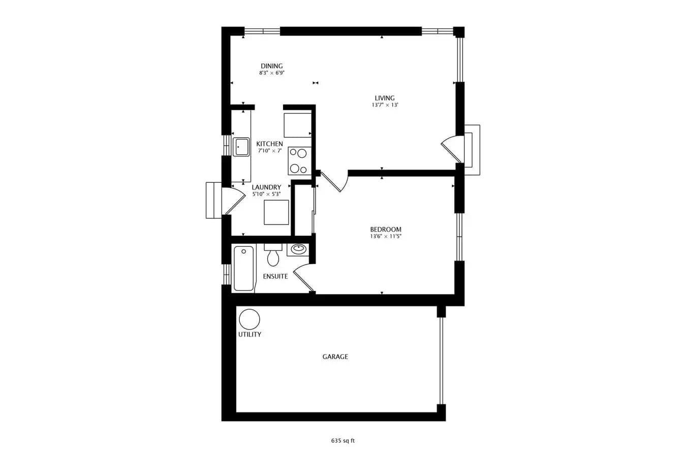 1BR / 1BA / 634 sqft floor plan