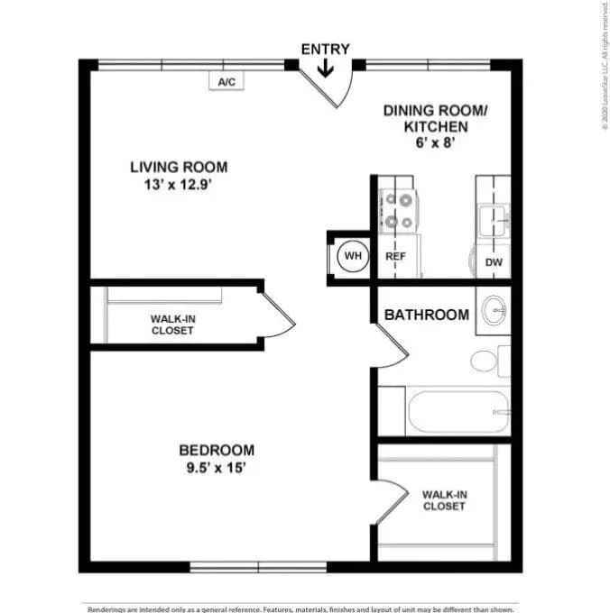 1 Bed, 1 Bath Model floor plan