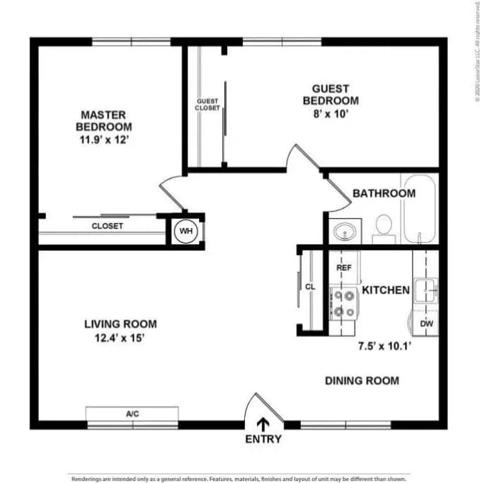 2 Beds, 1 Bath Model floor plan
