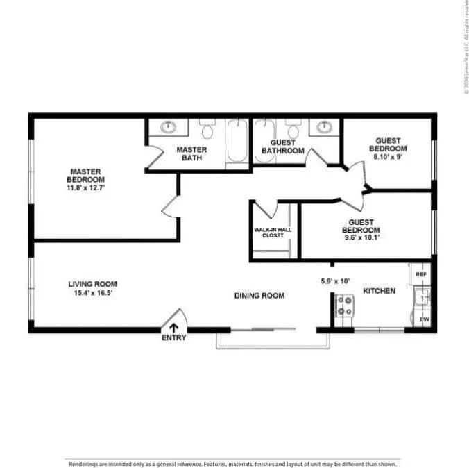 3 Beds, 2 Baths Model floor plan