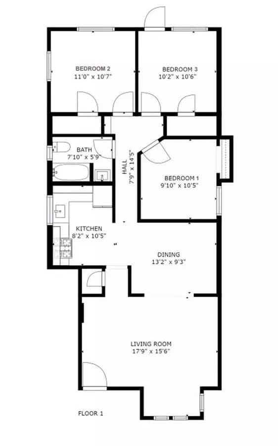 3 bd · 1 ba · 1,250 sqft floor plan