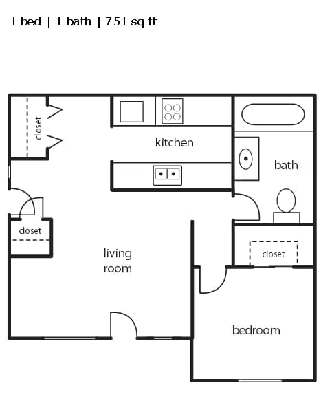 1 Bed 1 Bath 751 SF floor plan