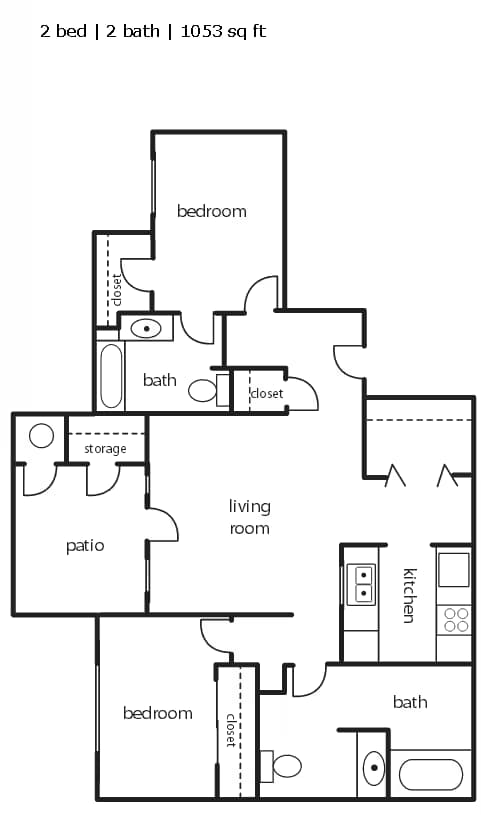2 Bed 2 Bath 1053 SF floor plan