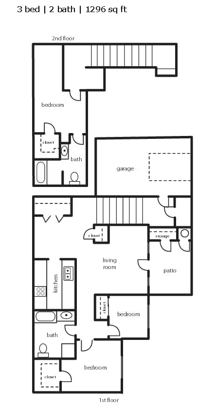 3 Bed 2 Bath 1296 SF floor plan