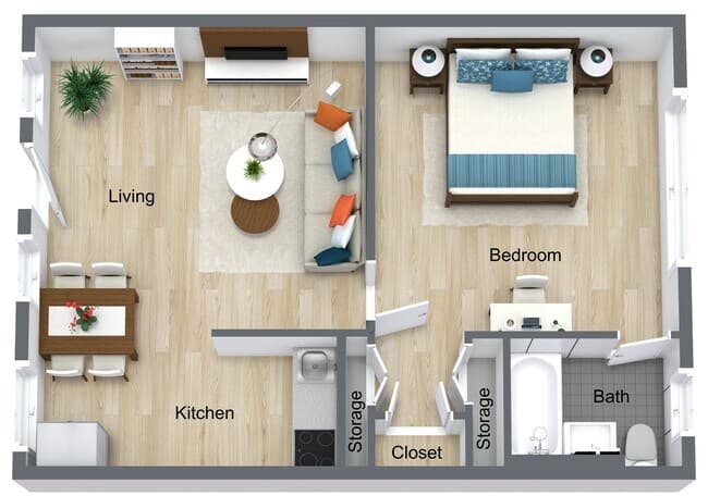 1 Bedroom 1 Bath Small floor plan