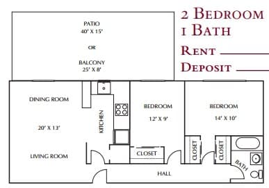 2 Beds, 1 Bath Model floor plan