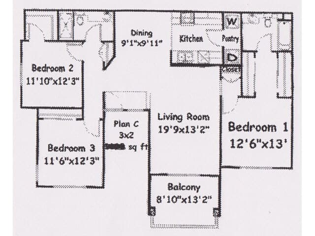 3 Bed 2 Bath floor plan