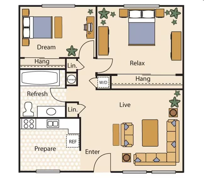 2 Beds • 1 Bath 55 floor plan