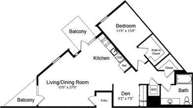 1 Bedroom C with 2 Balconies N-323 floor plan