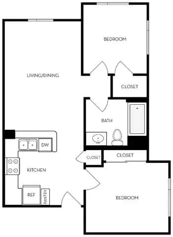 2BD, 1BTH J 127 floor plan