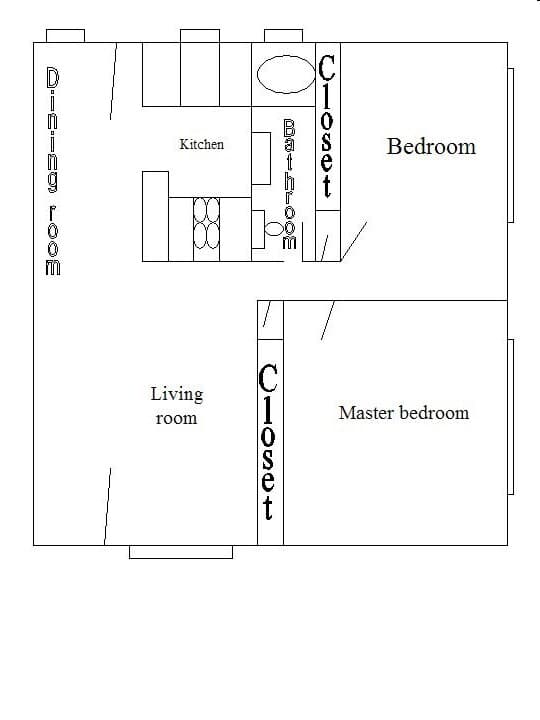 2 Beds, 1 Bath Model floor plan