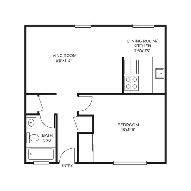 1 Bed 1 Bath Upgraded D13 floor plan