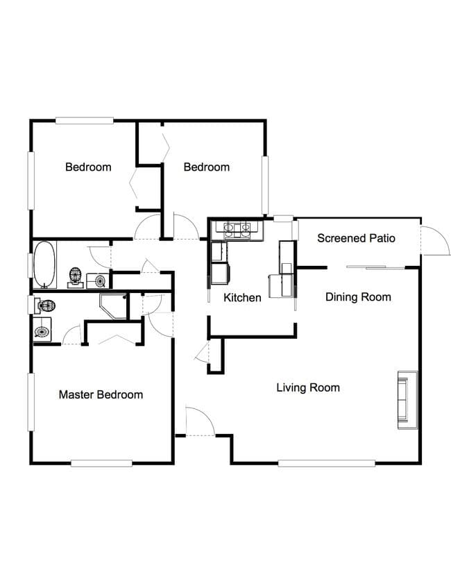 3-Bedrooms, 1-Bathroom floor plan