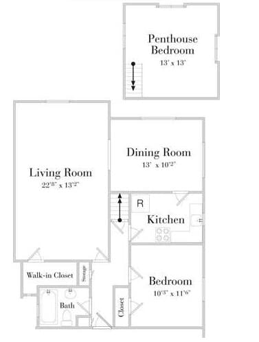 2 Bedroom 1 Bath 105 floor plan