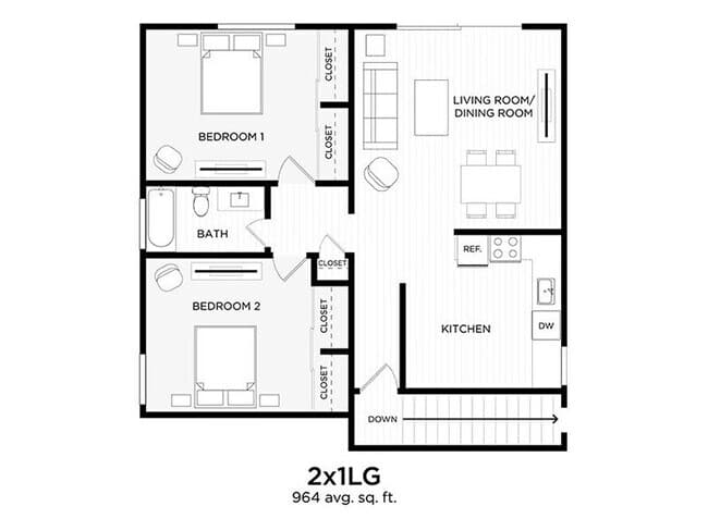 2 Bedrooms, 1 Bathroom 195-39 floor plan