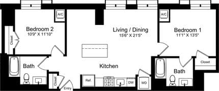 2 Bedroom E 1-307 floor plan