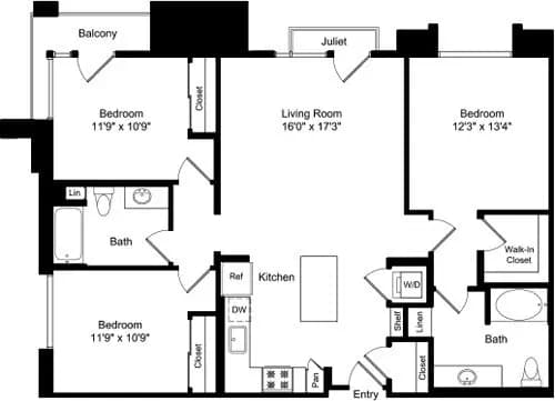 Three Bed C1b with Balconies 1-1223 floor plan
