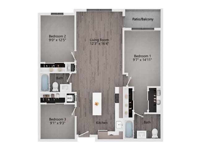 3 Bedroom, 2 Bath B 414 floor plan