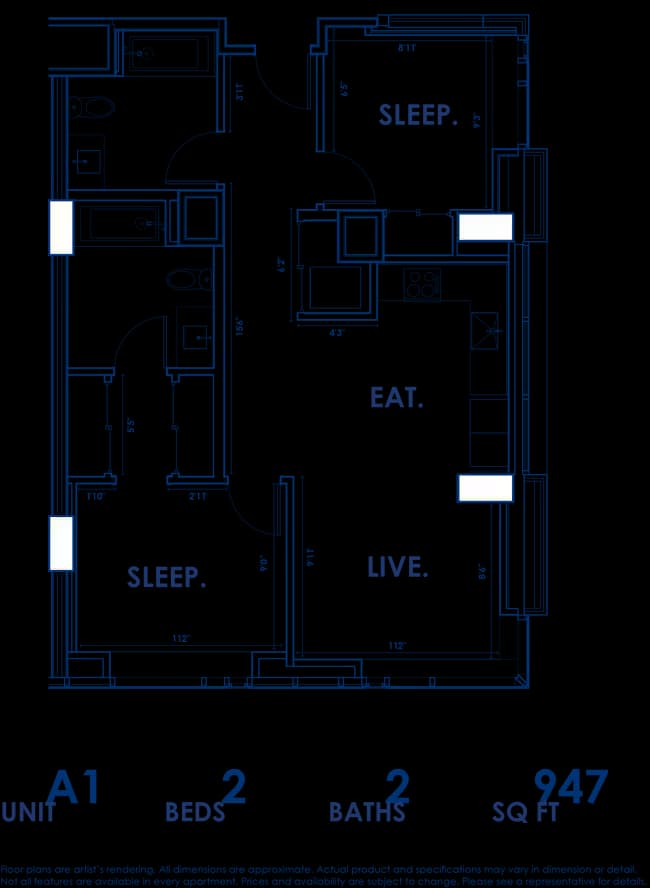 2 Beds • 2 Bath 0812 floor plan