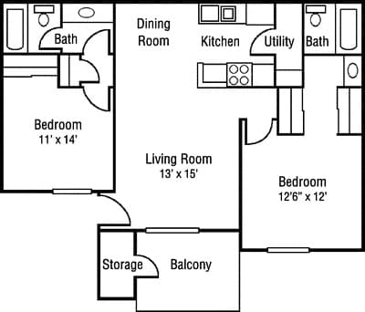 2 Beds • 2 Bath 300-3004 floor plan